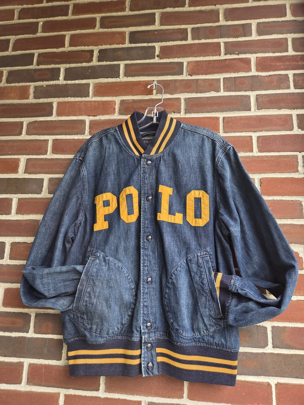 Polo Ralph Lauren Polo Denim Baseball Jacket Men L Blue Yellow Varsity
